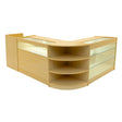 Maple wood Hyperion LED shop counter set featuring sleek glass display shelves, curved edges, and modern design for retail spaces