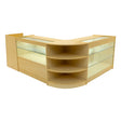 Maple LED shop counter set featuring a sleek design with glass display shelves and rounded edges, ideal for retail spaces