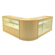 Maple wood LED shop counter set featuring a sleek, modern design with glass display shelves and a curved front for easy access