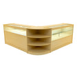 Harmonia LED shop counter set in maple finish features sleek design, glass display sections, and curved shelving for stylish retail presentation