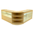 Maple LED shop counter set featuring a modern design with curved shelves, glass display cases, and warm wood tones for retail spaces