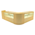 Maple wood LED shop counter set featuring a sleek, modern design with glass display cases and a curved front for an inviting look
