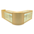 Maple wood LED shop counter set featuring a modern design with curved edges, glass display shelves, and integrated lighting