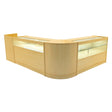 Maple wood shop counter set featuring curved edges, glass display sections, and a modern design, ideal for retail environments