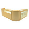 Polaris LED shop counter set in maple finish featuring sleek glass display sections and a modern, curved design for retail spaces