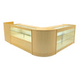 Vega LED shop counter set in maple finish, featuring sleek glass display sections and a modern, curved design for retail spaces