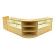 Maple-colored Eclipse LED shop counter set featuring sleek glass displays, curved edges, and multiple shelves for organized storage