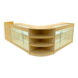 Maple wood Astro LED shop counter set featuring curved design, glass shelves, and integrated lighting for an elegant display