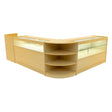 Maple wood LED shop counter set featuring a sleek design with glass display sections and open shelving for organized storage
