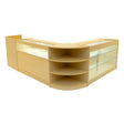 Maple wood LED shop counter set featuring a sleek, modern design with glass display shelves and curved edges for a stylish retail space