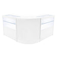 Sleek white LED shop counter set with curved edges and glass display sections, ideal for showcasing products in retail spaces