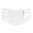 Sleek white LED shop counter set featuring curved design, glass display shelves, and modern aesthetic for retail environments