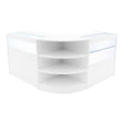 Sleek white Harmonia LED shop counter set featuring curved design, glass display sections, and spacious shelves for merchandise storage
