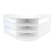 Modern white LED shop counter set featuring curved design, glass shelves, and sleek surfaces, ideal for retail displays