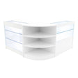 Sleek white LED shop counter set featuring curved design, glass shelves, and modern aesthetics, ideal for retail displays