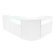 Curved white LED shop counter set featuring sleek surfaces, illuminated display areas, and modern design for retail spaces