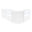Sleek white LED shop counter set featuring curved design, glass display sections, and modern finish, ideal for retail environments