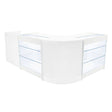 Modern white LED shop counter set featuring sleek glass displays, perfect for retail environments, with a contemporary design and smooth finish