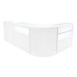 Curved white LED shop counter set featuring glass display sections, sleek design, and modern aesthetic for retail environments