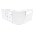 Curved white LED shop counter set featuring glass display shelves, sleek design, and modern finish, ideal for retail spaces