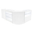 Sleek white LED shop counter set featuring glass display shelves, curved edges, and modern design for retail environments