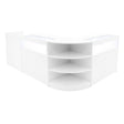 Curved white LED shop counter set featuring glass display sections and open shelving for organized product presentation