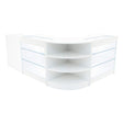 Curved white LED shop counter set with glass display shelves, featuring sleek lines and modern design for retail environments