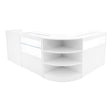 Curved white LED shop counter set featuring glass display sections and open shelving, ideal for retail environments