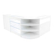 Curved white LED shop counter set featuring glass display shelves and smooth surfaces, ideal for retail environments