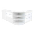 Curved white shop counter with LED lighting, glass display sections, and lockable storage, ideal for retail environments