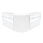 Sleek white LED shop counter set featuring a modern design with two glass display sections and a smooth curved front