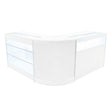 Sleek white LED shop counter set featuring glass display shelves, curved edges, and modern design for retail environments
