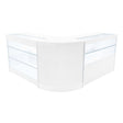 Sleek white LED shop counter set featuring curved edges, glass display shelves, and a modern design for retail environments