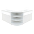 Sleek white LED shop counter set featuring a modern design with curved edges and open shelving for display and storage