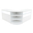 Modern white LED shop counter set featuring a sleek, curved design with glass display shelves and ample storage space