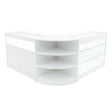 Sleek white LED shop counter set featuring curved glass shelves and a modern design, perfect for retail displays and merchandise