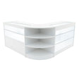 Modern white LED shop counter set featuring sleek glass display shelves and a curved design, ideal for retail environments