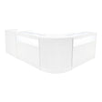 Curved white LED shop counter set featuring sleek surfaces and transparent display sections, ideal for retail environments