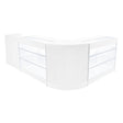Sleek white Aries LED shop counter set featuring curved design, glass display shelves, and modern aesthetic for retail spaces