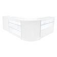 Sleek white LED shop counter set featuring glass display shelves, modern curved design, perfect for retail environments