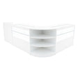 Sleek white LED shop counter set featuring curved design, glass display sections, and open shelving for versatile retail use
