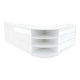 Modern white LED shop counter set featuring curved design, glass shelves, and sleek surfaces for stylish retail display