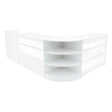 Modern white LED shop counter set featuring sleek glass displays, curved edges, and ample storage for an organized retail space