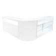 Sleek white Triton LED shop counter set featuring glass shelves and a modern design, perfect for retail displays and showcasing products
