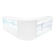 Sleek white LED shop counter set featuring a modern design with glass shelves and a curved front, ideal for retail displays