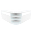 Sleek white LED shop counter set with a modern design, featuring curved edges and open shelving for display and storage