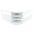 Sleek white Harmonia LED shop counter set featuring curved edges, glass display sections, and spacious shelving for organized storage