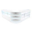 Sleek white LED shop counter set with curved glass shelves, featuring modern design and ample display space for products