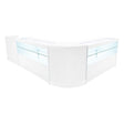 Sleek white LED shop counter set featuring curved design, glass display shelves, and modern aesthetic for retail environments