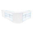 Modern white LED shop counter set featuring sleek glass shelves, ideal for retail displays and showcasing products in style